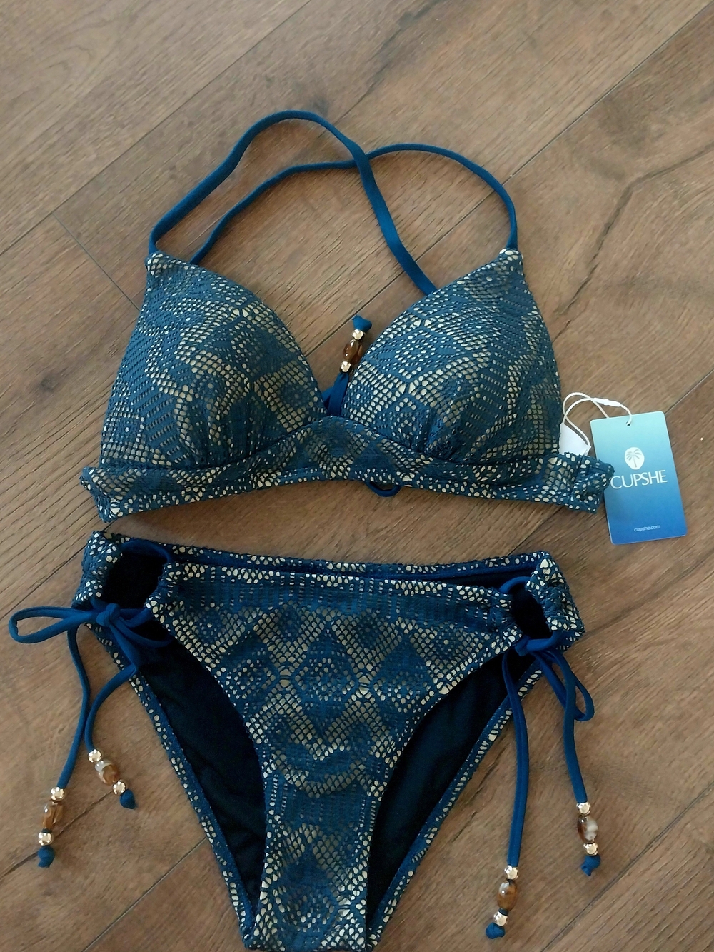 CUPSHE Teal Lace-Overlay  Criss Cross Bikini